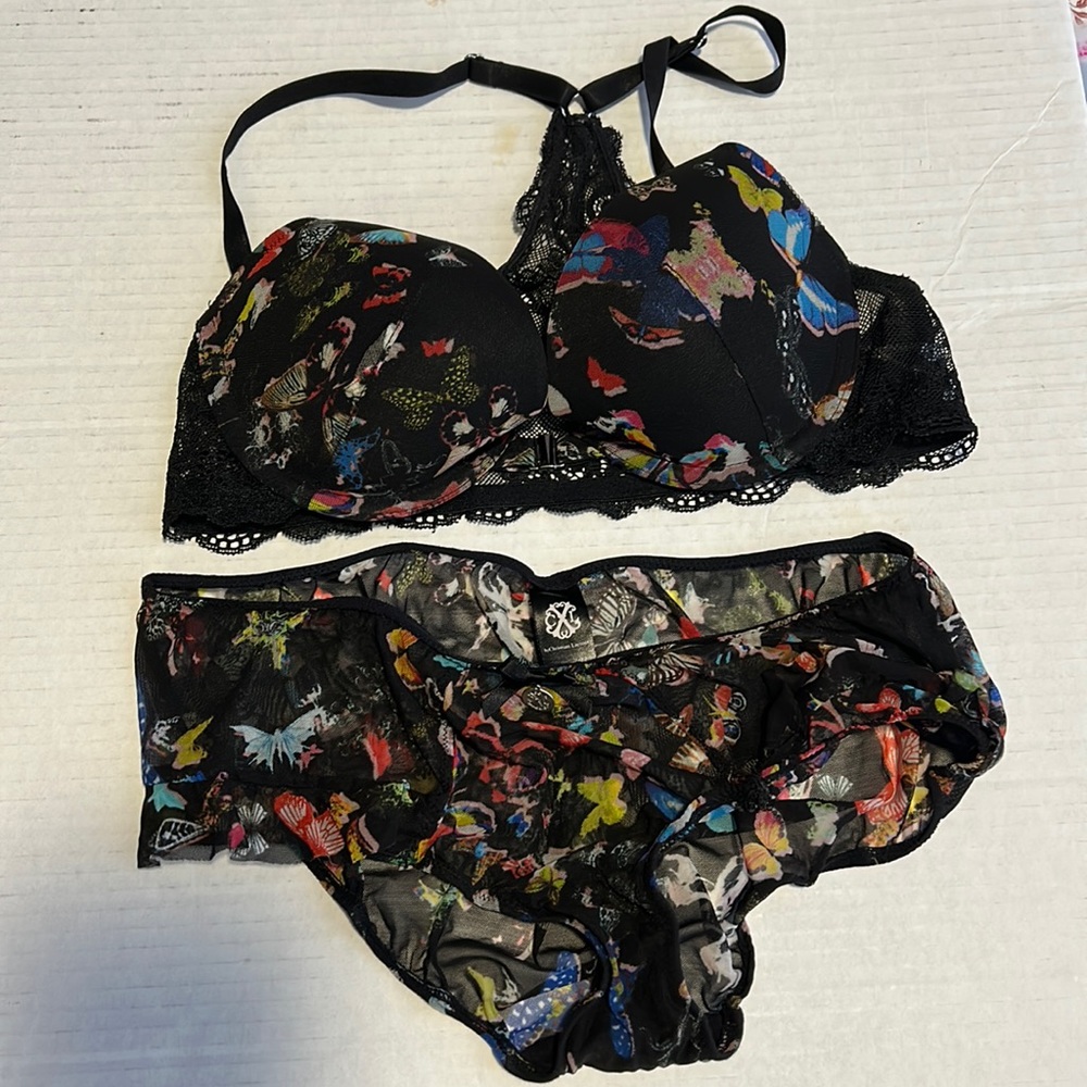 CXL by Christian Lacroix Black Lace-Back Mesh Papillon T-Shirt Bra & Bottom 34B